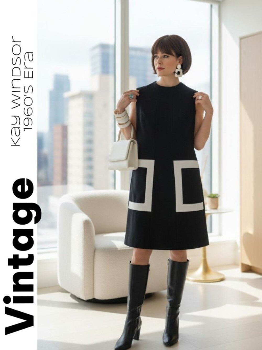 Vintage 60s Mod Black Shift Dress Kay Windsor ILGWU Geometric Sleeveless